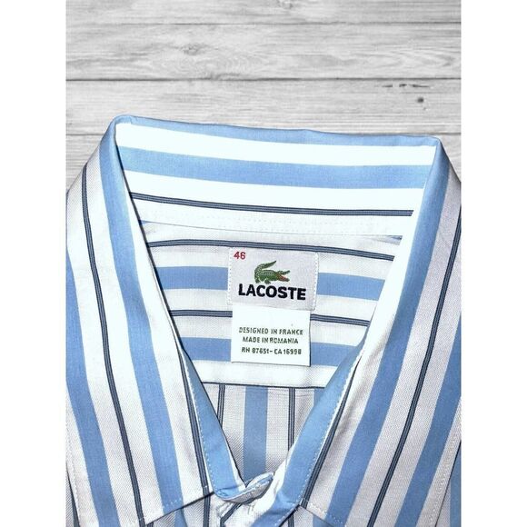 Lacoste Men's Size 46 Blue & White Striped Alligator Logo L/S Button Down Shirt - Picture 3 of 6